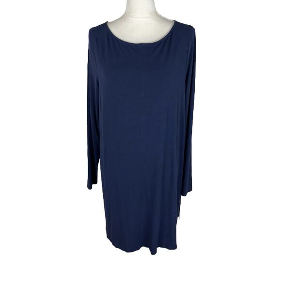 Eileen Fisher Blue Jersey Knit Long Sleeve Dress Scoop Neck Stretch Slit Size XL - Picture 1 of 6